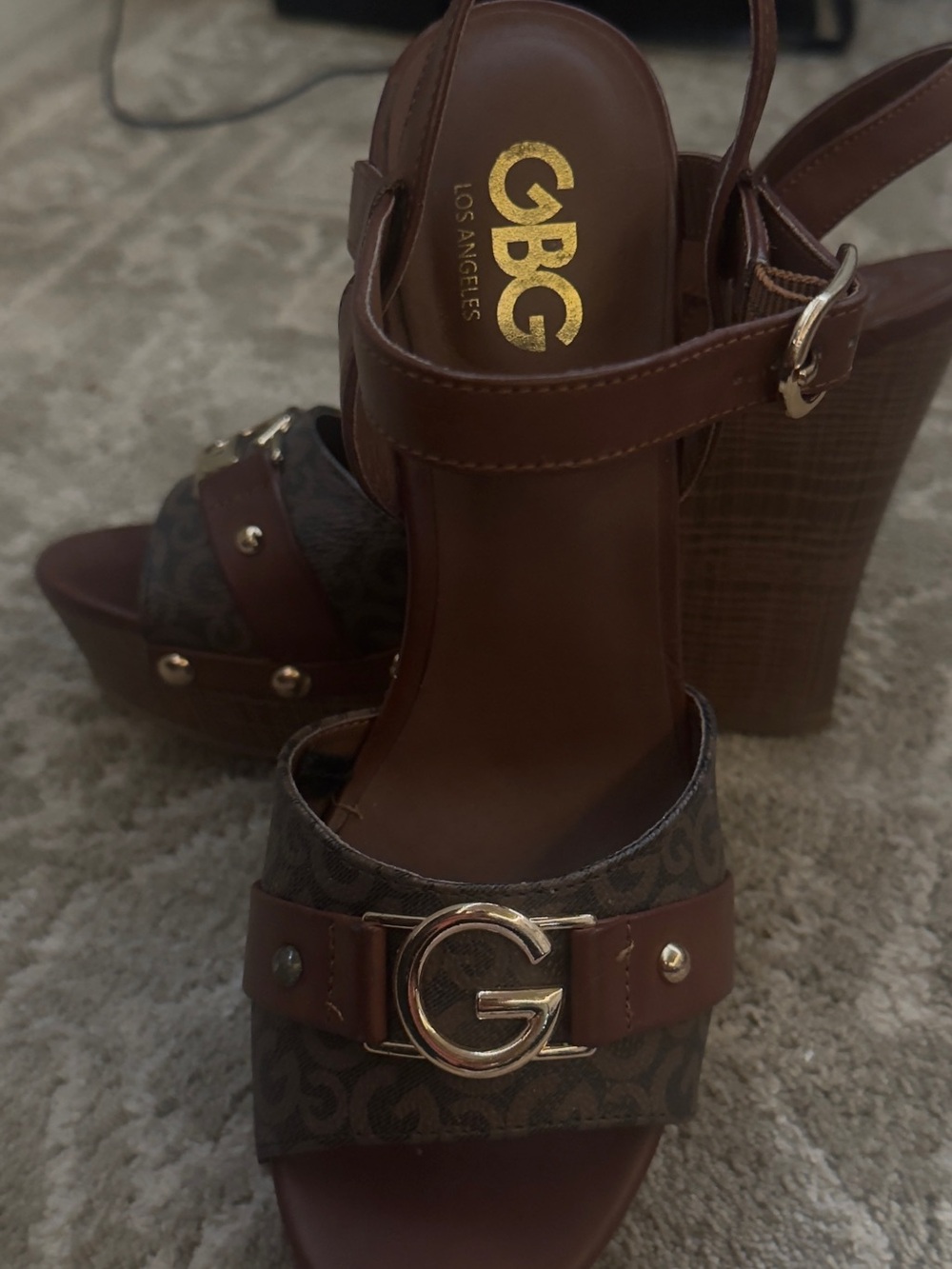 Gianni Bini Brown Monogram Platform Wedge Sandals with Gold G